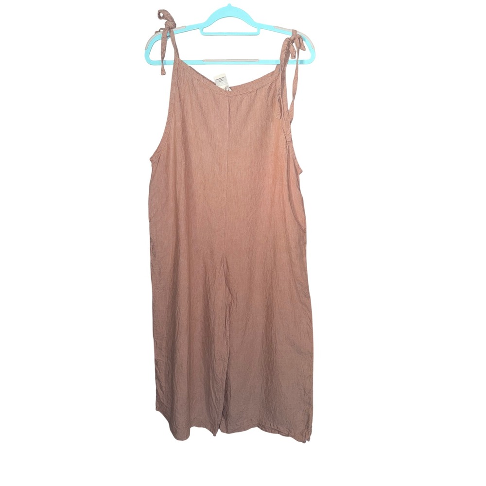 J. Peterman Linen Tie Shoulder Jumpsuit Wide Leg Lg Tan Lagenlook Relaxed Fit